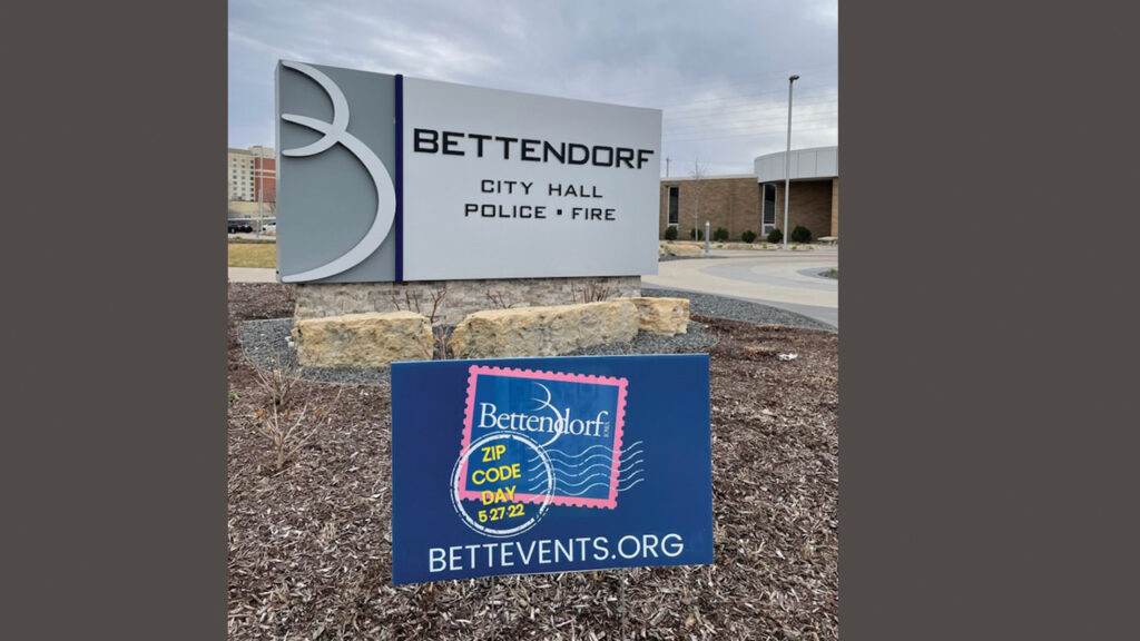 Signs like this one at Bettendorf City Hall will be sprouting up across the city marking locations with festivities planned for the Zip Code Celebration.