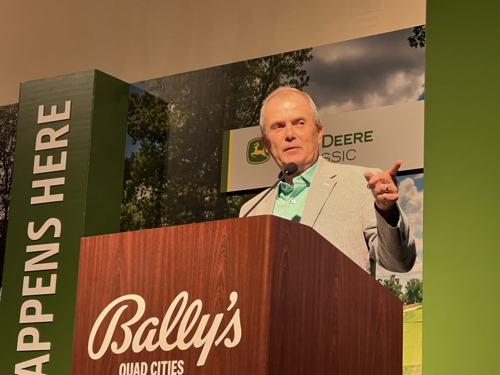 Clair Peterson, longtime John Deere Classic tournament director, makes a point during the Champions Day breakfast kickoff for the 2022 tournament which tees off on June 29. CREDIT STEVE TAPPA