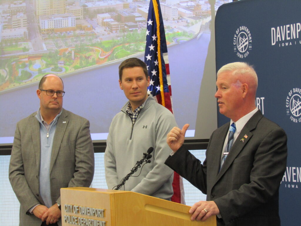 Dave Herrell, president and CEO of Visit Quad Cities; Clay Merritt, assistant public works director for Davenport; and Davenport Mayor Mike Matson discuss a $9.6 million Destination Iowa grant awarded to the city for riverfront projects on Friday, Dec. 2.