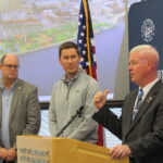 Dave Herrell, president and CEO of Visit Quad Cities; Clay Merritt, assistant public works director for Davenport; and Davenport Mayor Mike Matson discuss a $9.6 million Destination Iowa grant awarded to the city for riverfront projects on Friday, Dec. 2.