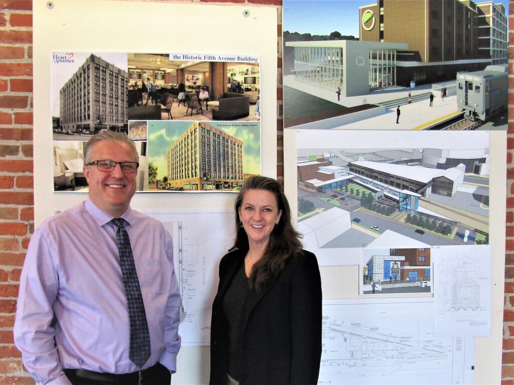 Kirk Marske, Moline Centre manager, and Alexandra Elias, president and CEO of Renew Moline, pose at Renew Moline’s downtown offices at 1506 River Drive.