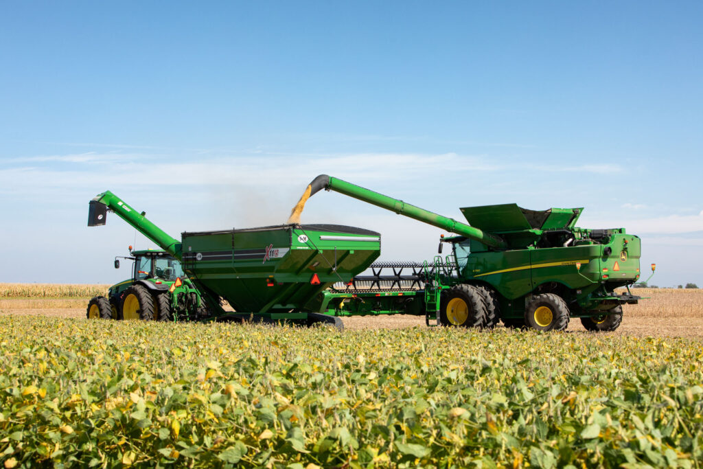 John Deere machines are utilized in the field to help with the 2022 harvest in Illinois.