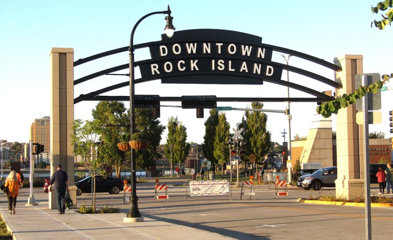 “Welcome to Downtown Rock Island” archway and sign across from Schwiebert Riverfront Park at 1st Avenue and 18th Street.