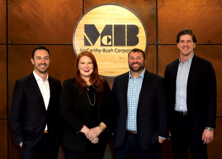 Members of the McCarthy-Bush Corp. team include, from left, Ben Bush, sales and business development director for Oertel Metal Works; Maureen (Bush) Roe, project contracting and risk manager for McCarthy Improvement; Mike Bush, the new CEO of the McCarthy-Bush Corp.; and John Bush, construction controller with McCarthy-Bush. CREDIT MCCARTHY-BUSH CORP.