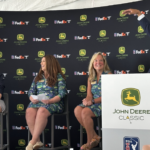 Three John Deere Classic chairs take the stage Tuesday, June 30, for a panel discussion at the Executive Women's Day at TPC Deere Run. They are from left, Laura 'Divot' Ekizian, current Chair Wendy Williams and Sue Rector, along with emcee Matt Randazzo. CREDIT JENNIFER DEWITT